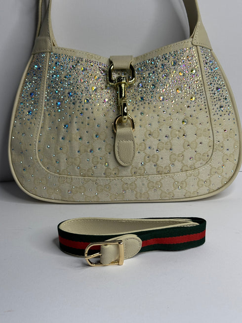 Gucci Jackie GG Supreme Crystal Hobo Τσάντα – Κρεμ